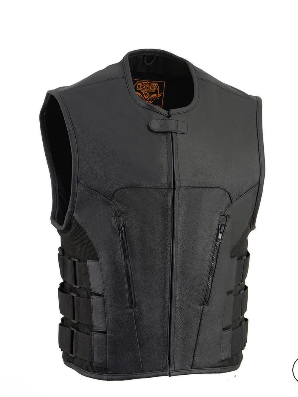 Men's Black Leather Tactical Zip Vest